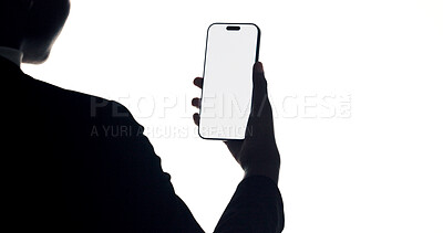 Buy stock photo Phone screen, hands and back of businesswoman in studio with communication or social media. Technology, mockup space and corporate employee with cellphone for email on mobile app by white background.