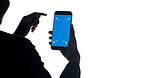 Blue screen, space and hands with phone in studio for website, mobile app and online info. Mockup, chromakey and person on smartphone for internet, networking and connection on white background