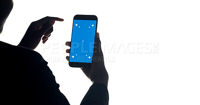 Buy stock photo Green screen, space and hands with phone in studio for website, mobile app and online info. Mockup, chromakey and person on smartphone for internet, networking and connection on white background