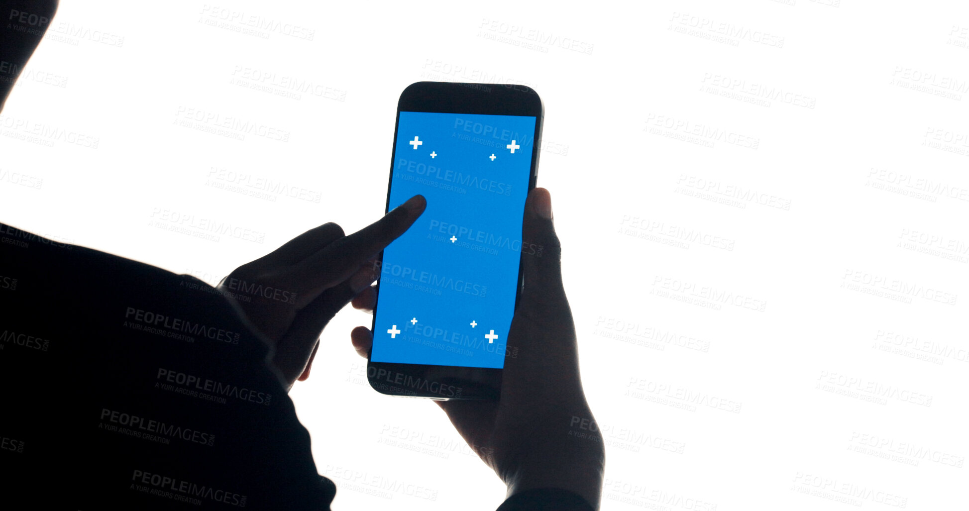 Buy stock photo Person, hands or back view with phone screen for UI design, UX or advertising on a white background. Studio, technology or user with mobile smartphone display for new app or software on mockup space