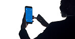 Screen, space and hands of woman with phone in studio for website, mobile app and online info. Mockup, chromakey and person on smartphone for internet, networking and connection on white background