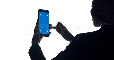 Buy stock photo Screen, space and hands of woman with phone in studio for website, mobile app and online info. Mockup, chromakey and person on smartphone for internet, networking and connection on white background