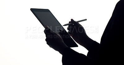 Buy stock photo Hands, tablet and business woman in studio for brainstorming, online proposal and reflection. Space, mockup and person on tech with stylus, solution and planning for project on white background
