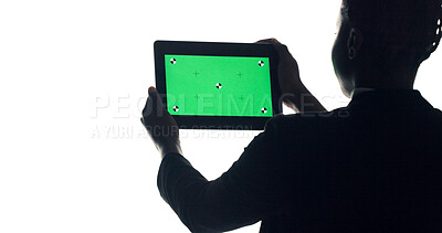 Buy stock photo Tablet, green screen and woman in studio with networking, communication or social media on app. Digital technology, mockup space and female person with contact, website or email by white background.