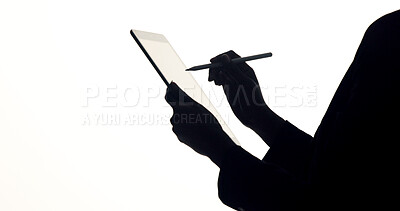 Buy stock photo Hands, tablet and business person in studio for brainstorming, online proposal and reflection. Space, mockup and silhouette by tech with ideas, solution and planning for project on white background