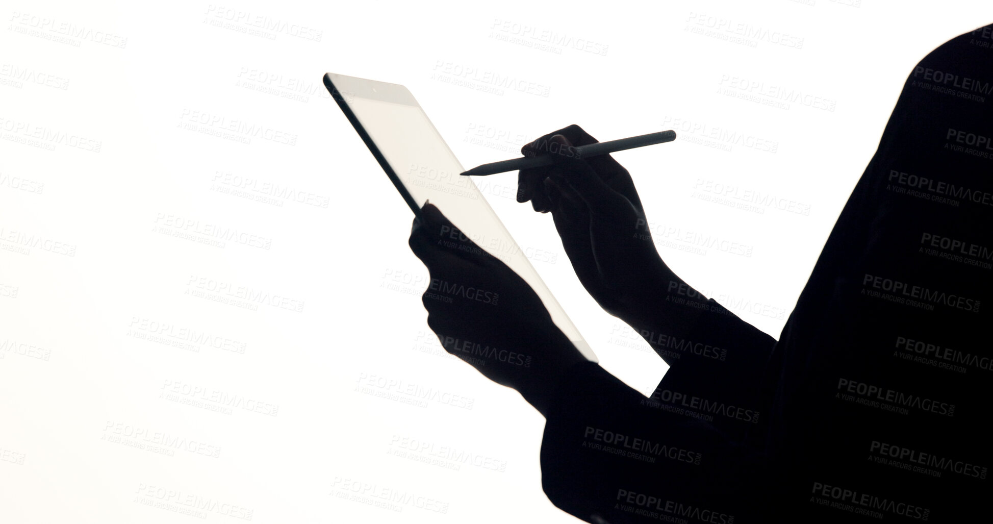 Buy stock photo Hands, tablet and business person in studio for brainstorming, online proposal and reflection. Space, mockup and silhouette by tech with ideas, solution and planning for project on white background