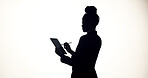 Stylus, tablet and business person in studio for brainstorming, online proposal and reflection. Space, mockup and silhouette on tech with ideas, solution and planning for project on white background