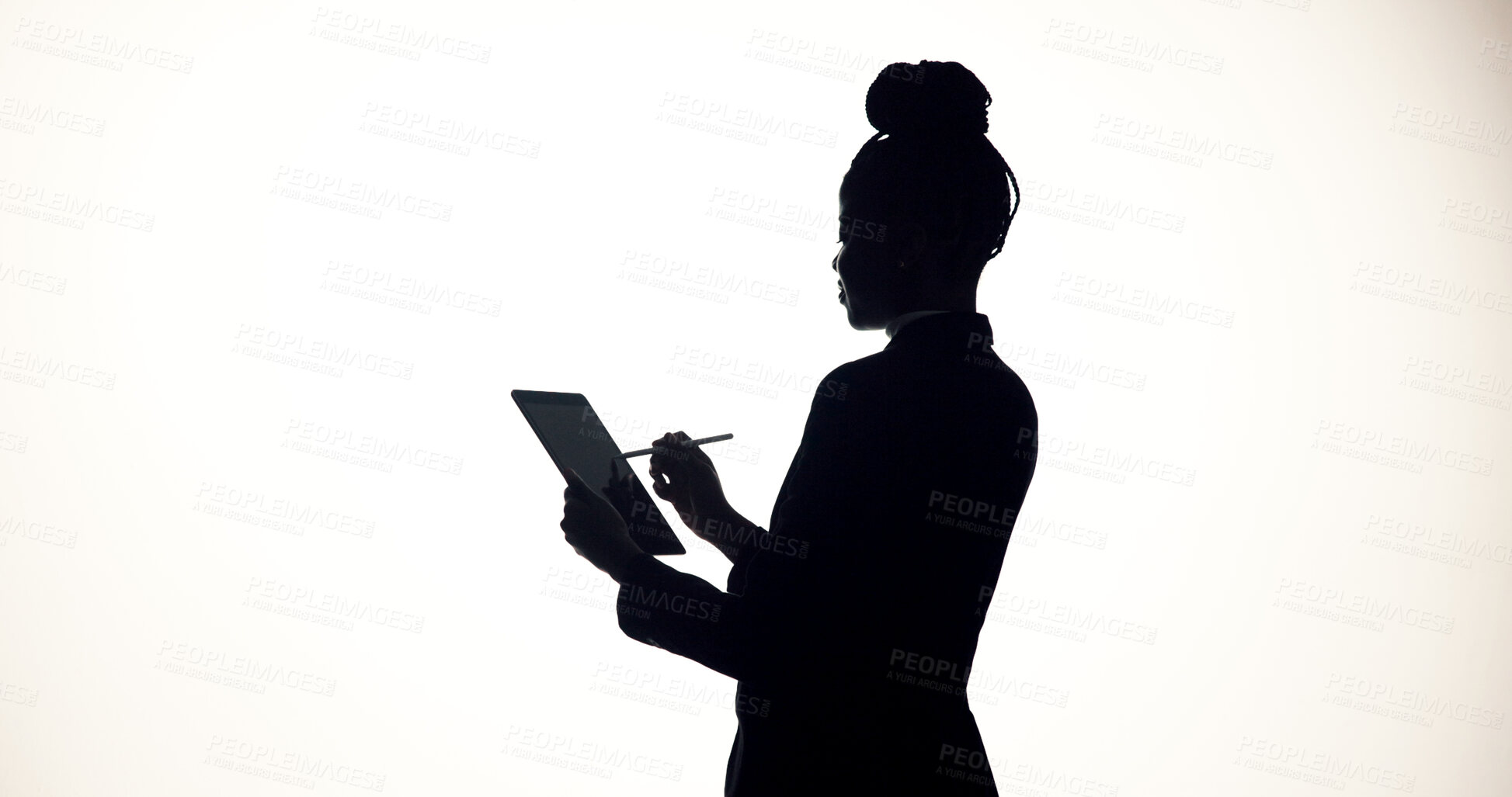 Buy stock photo Stylus, tablet and business person in studio for brainstorming, online proposal and reflection. Space, mockup and silhouette on tech with ideas, solution and planning for project on white background