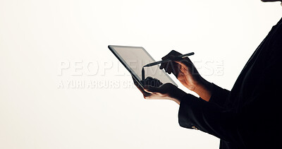 Buy stock photo Hands, tablet and business person in studio for brainstorming, online proposal and reflection. Stylus, mockup and woman on tech with ideas, solution or planning for project on white background