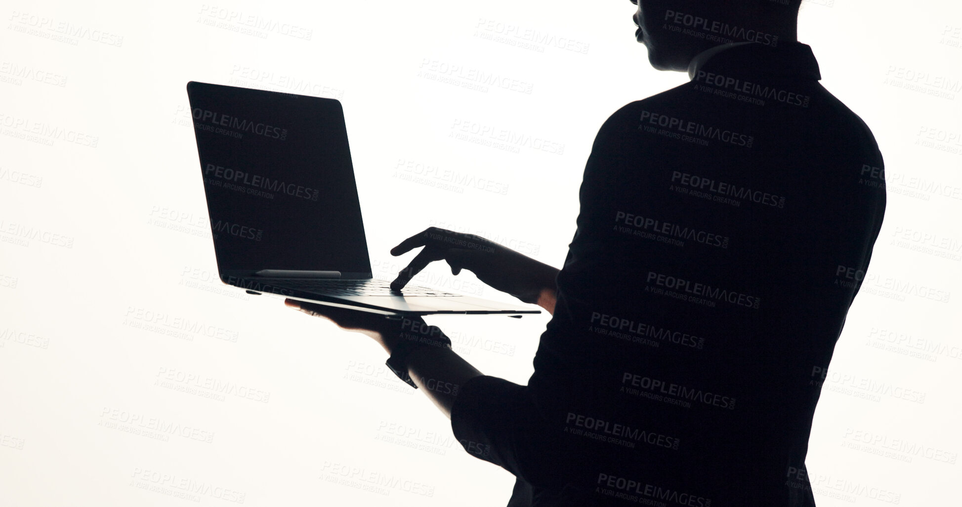 Buy stock photo Hands, laptop and business person in studio for brainstorming, online proposal and reflection. Typing, mockup and woman on tech with ideas, solution or planning for project on white background