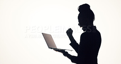 Buy stock photo Celebration, laptop and business woman in studio for promotion, online proposal and success. Typing, mockup and person on tech with bonus, solution or planning for project on white background