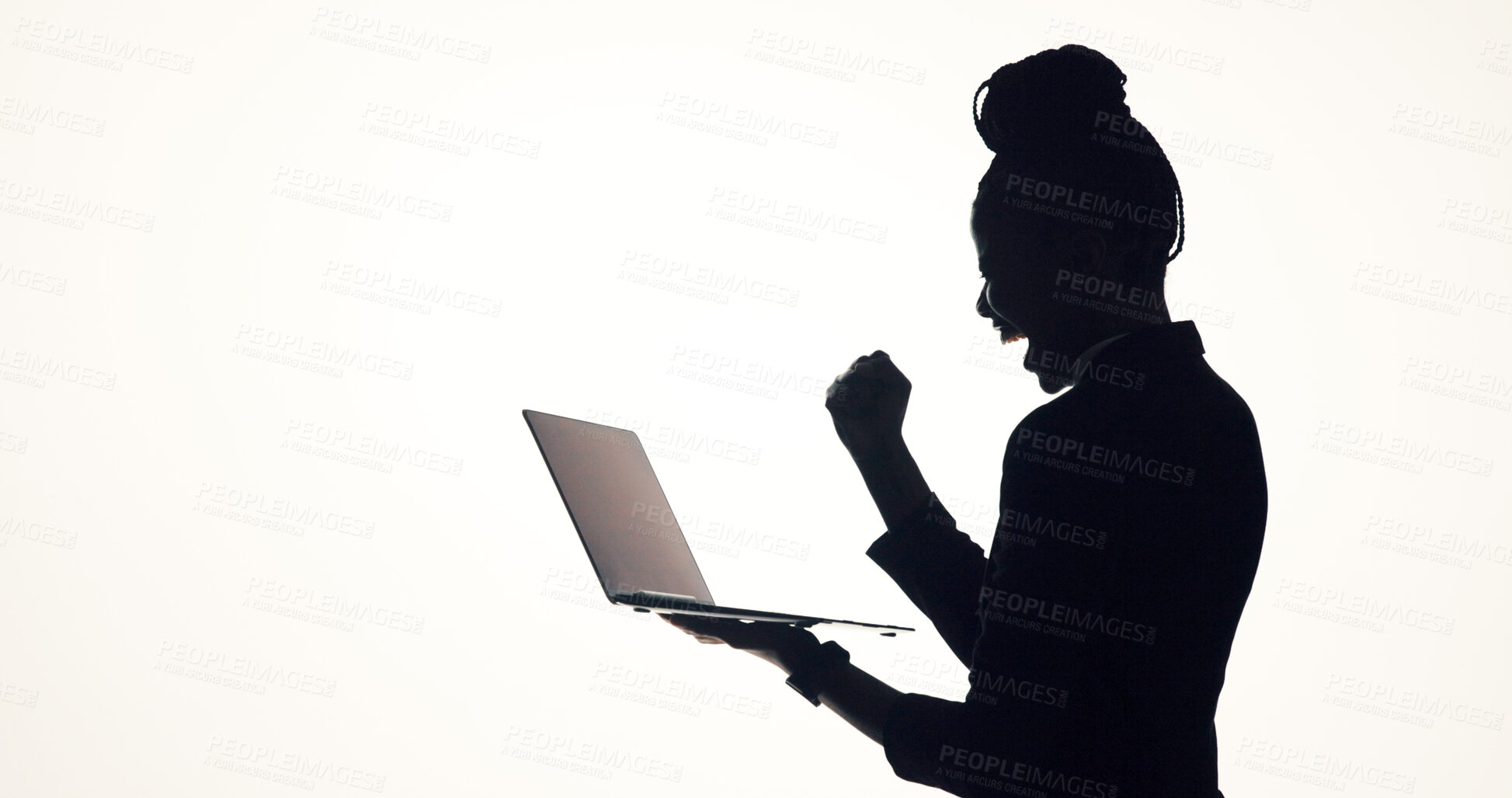 Buy stock photo Celebration, laptop and business woman in studio for promotion, online proposal and success. Typing, mockup and person on tech with bonus, solution or planning for project on white background