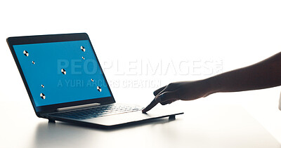 Buy stock photo Laptop screen, hand or scroll in studio for marketing, research trends or brand promotion for advertising. Browsing internet, pc or person planning for awareness campaign, space or white background