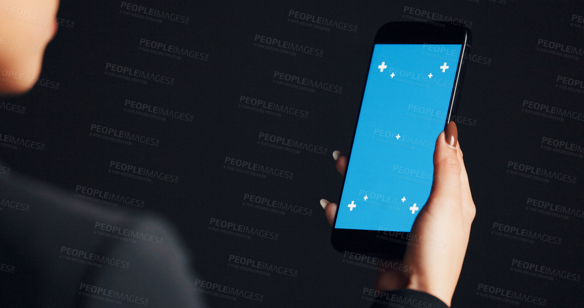 Buy stock photo Cellphone, green screen and hand of woman in studio with networking, communication or social media on mobile app. Phone, space and female person with tech for contact with email by black background.