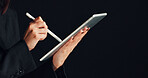 Stylus, tablet and hands of business woman in studio for web designer, graphic portfolio and research. Online branding, digital sketch and project with person and tech on black background for app