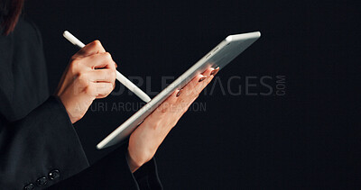 Buy stock photo Stylus, tablet and hands of business woman in studio for web designer, graphic portfolio and research. Online branding, digital sketch and project with person and tech on black background for app