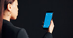 Smartphone, green screen and woman in studio with networking, communication or social media on app. Phone, space and female person with technology for contact with email online by white background.