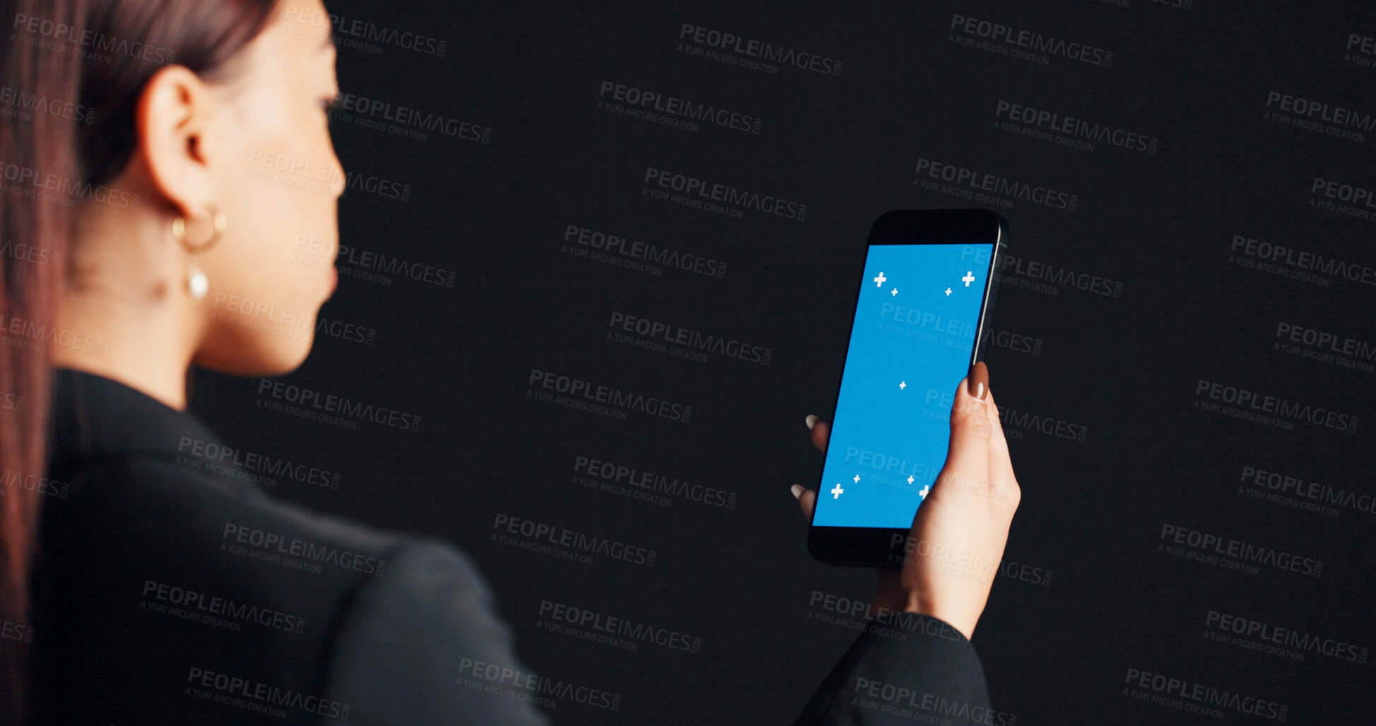 Buy stock photo Smartphone, green screen and hand of woman in studio with networking, communication or social media. Phone, space and female person with technology for contact with email online by black background.