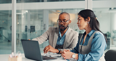 Buy stock photo Discussion, laptop and business people in collaboration for finance review with budget planning. Computer, teamwork and financial advisors working on investment proposal with email in workplace.