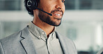 Mouth, man and consultant in call center for telemarketing, insurance sales and lead generation. Telesales, lips and broker with headset for speaking, policy coverage and outbound feedback for claims