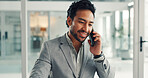 Business, man or happy with phone call in office for finance deal, investment feedback or discussion. Account manager, employee and talking to client for corporate negotiation, funding update or chat