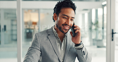 Buy stock photo Business, man or happy with phone call in office for finance deal, investment feedback or discussion. Account manager, employee and talking to client for corporate negotiation, funding update or chat