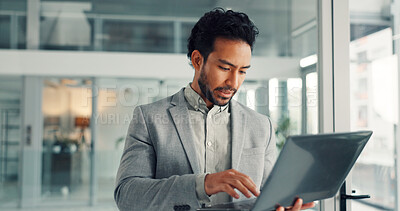 Buy stock photo Typing, info and businessman with laptop, office and financial analysis on web, online and research. Investment banker, person and planning for pitch with tech, browsing and checking market data