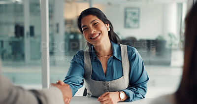 Buy stock photo Business, woman or handshake with team in office for negotiation success, b2b deal or company merger. Stakeholder meeting, investors and happy with shaking hands for offer, acquisition and agreement