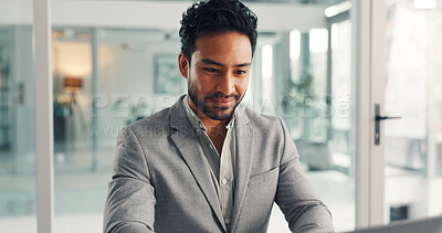 Buy stock photo Happy, employee and man with laptop, office and financial analysis on website, reading and research. Investment banker, person and planning for pitch with technology,  online or checking stock market