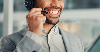 Buy stock photo Mouth, happy man and agent in call center for telemarketing, insurance sales and lead generation. Telesales, lips and broker with headset for speaking, policy coverage or outbound feedback for claims