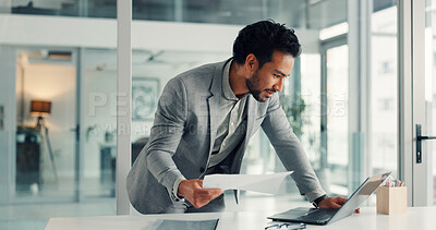 Buy stock photo Businessman, documents and accountant with laptop for finance, budget or corporate investment. Man, employee or accounting with computer or paperwork for financial expenses, costs or report in office