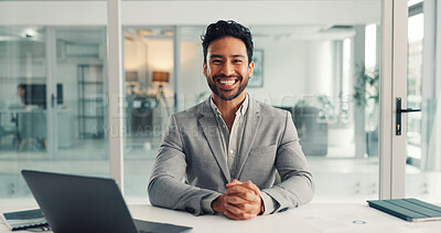 Buy stock photo Happy, laptop and portrait of businessman in office with confidence for finance career growth. Smile, computer and male financial manager with pride for job development in workplace in Mexico.