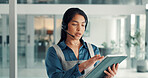 Advisor, headset and tablet with business woman in office for account manager, contact and review. Virtual consultant, asset management and agent with person in agency for investment guide and chat