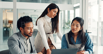 Buy stock photo Laptop, teamwork and meeting with business people in office for feedback, broker advice or stakeholder pitch. Investor proposal, collaboration or research update with employees in agency for report