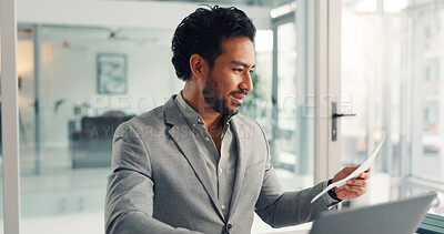 Buy stock photo Reading, laptop and documents with business man in office for planning, broker review and stakeholder pitch. Investor proposal, paperwork or research update with employee in agency for report