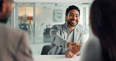 Buy stock photo Business, man and handshake with people in meeting for negotiation, deal and legal settlement. Attorney, clients and shaking hands at law firm for crisis resolution, court case and mediation process