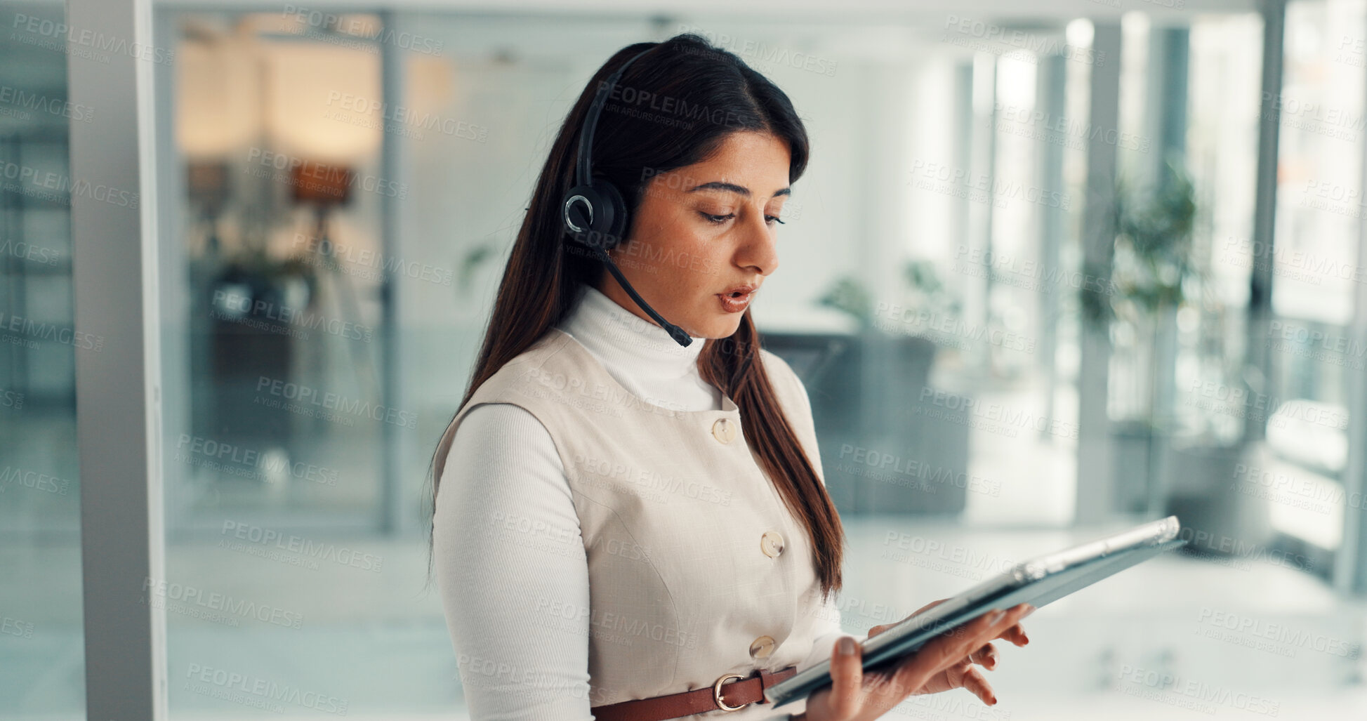 Buy stock photo Agent, headset and tablet with business woman in office for account manager, contact and review. Virtual consultant, asset management and advisor with person in agency for investment guide and chat