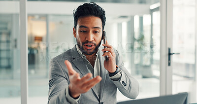 Buy stock photo Advisor, phone call and laptop with business man in office for account manager, contact and review. Virtual consultant, asset management and agent with person in agency for investment guide and chat