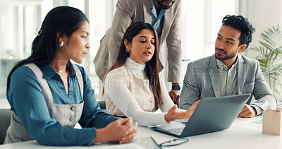 Buy stock photo Planning, teamwork and laptop with business people in office for reading, broker advice and stakeholder pitch. Investor proposal, collaboration or research update with employees in agency for report