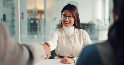 Buy stock photo Business, woman or handshake with people in office for negotiation success, deal or company merger. Stakeholder meeting, investors and happy with shaking hands for investment offer, b2b and agreement