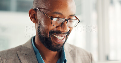 Buy stock photo Black man, smile and glasses at office with review, good news and excited with project at media company. African person, writer and feedback for proposal, editing article or happy at creative agency