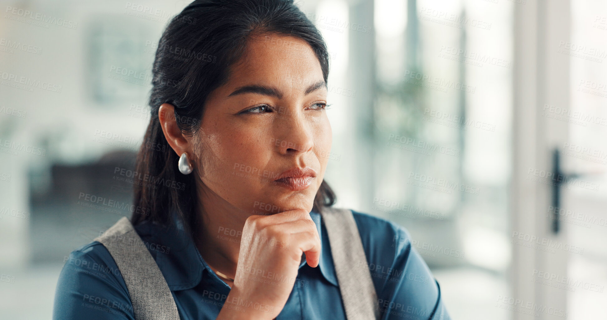 Buy stock photo Thinking, idea and business woman in office for investment decision, brainstorming and problem solving. Professional, finance consultant and person with solution, planning and insight for proposal