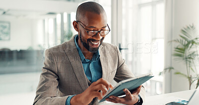 Buy stock photo Happy, businessman and tablet with info, office and financial analysis on website, app and research. Investment banker, black person and planning for pitch with tech, browsing or checking market data