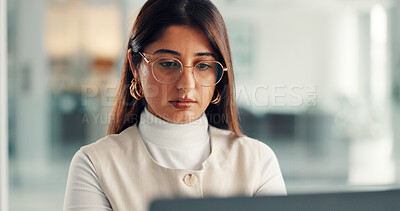 Buy stock photo Woman, writer and thinking with computer, startup or glasses for project management review at office. Person, media consultant and editor with pc, insight and decision for article at creative agency