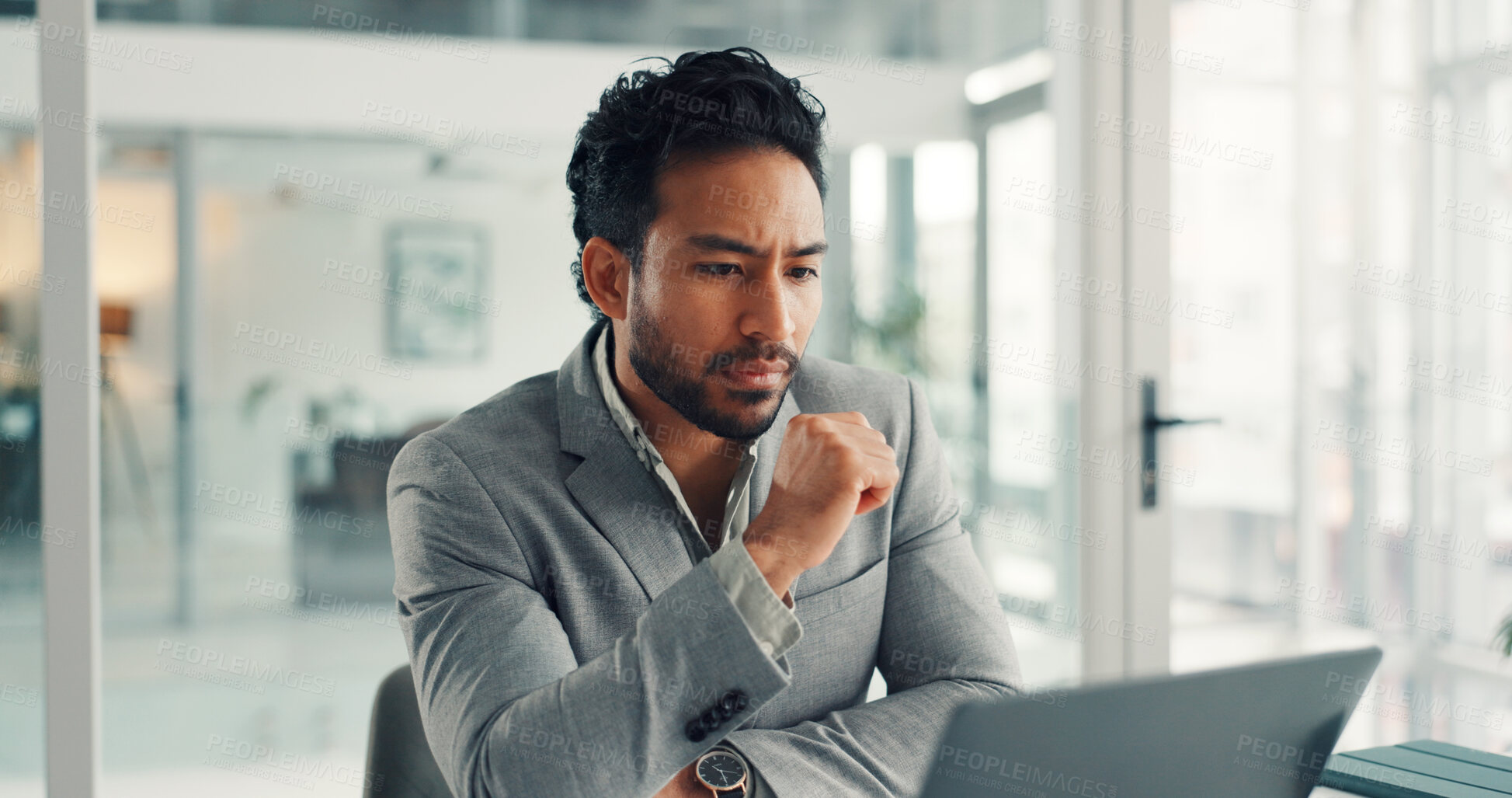 Buy stock photo Office, employee and man with laptop, think and financial analysis on website, reading and research. Investment banker, person and planning for pitch with technology,  online and checking market
