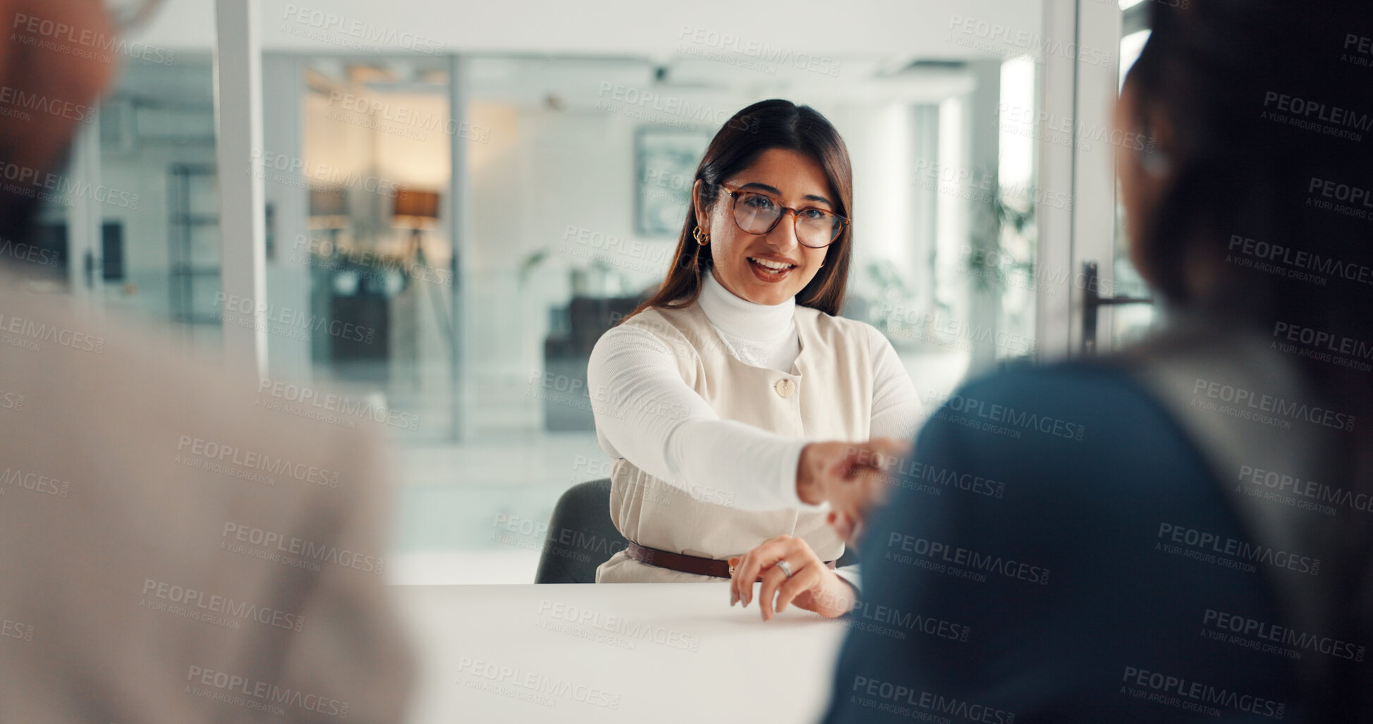 Buy stock photo Business, woman and handshake with people in meeting for negotiation, deal and legal settlement. Attorney, clients or shaking hands at law firm for crisis resolution, court case and mediation process