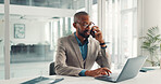 Phone call, computer and black man in office with communication, negotiation or finance deal. Cellphone, laptop and African financial advisor on mobile discussion for investment proposal in workplace