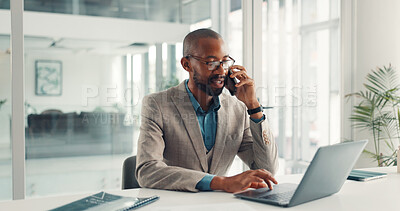 Buy stock photo Phone call, computer and black man in office with communication, negotiation or finance deal. Cellphone, laptop and African financial advisor on mobile discussion for investment proposal in workplace