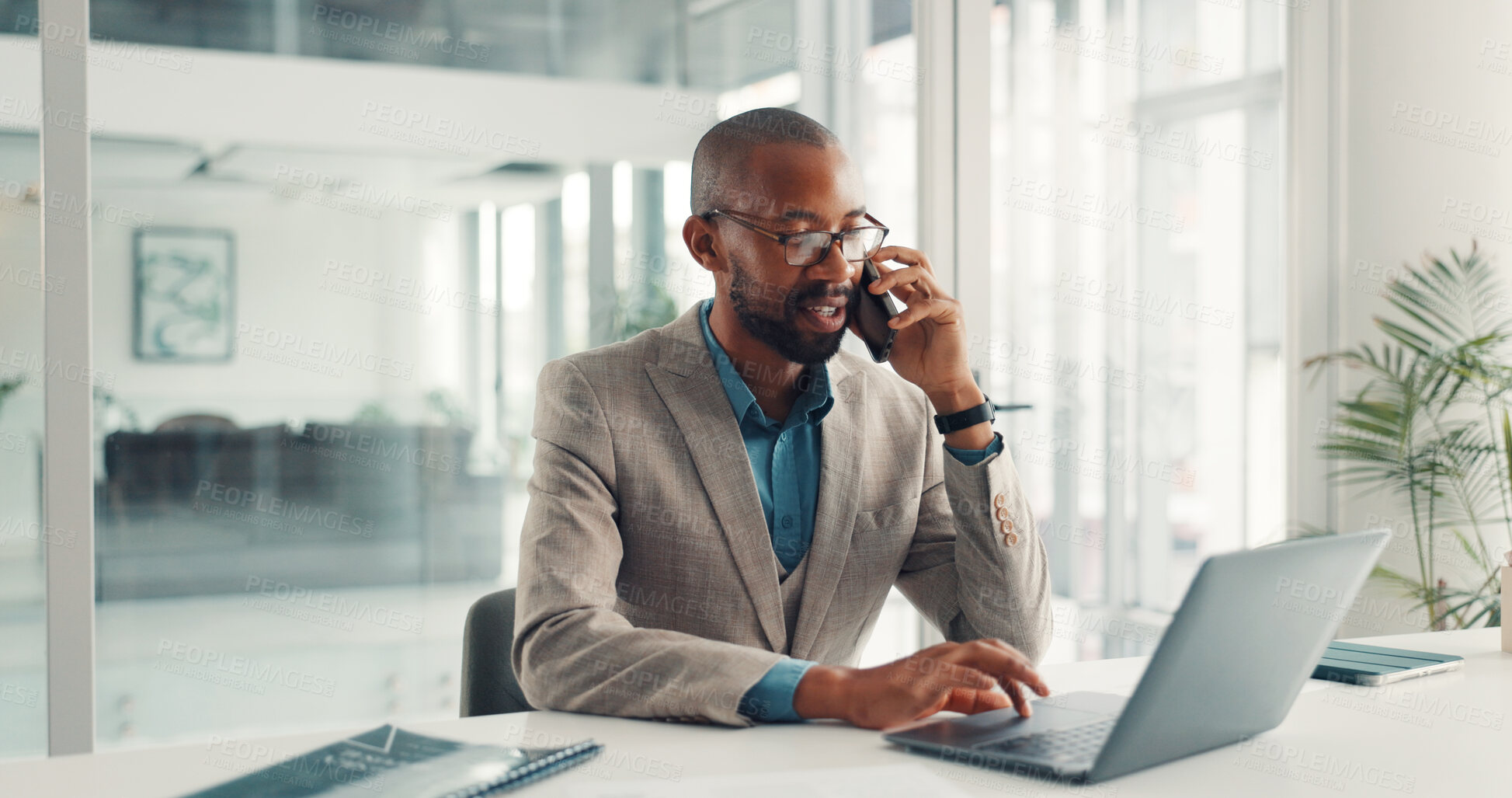 Buy stock photo Phone call, computer and black man in office with communication, negotiation or finance deal. Cellphone, laptop and African financial advisor on mobile discussion for investment proposal in workplace