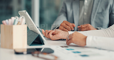 Buy stock photo Hands, tablet and documents at office meeting, planning and discussion for review at media company. Business people, team and tech with point, feedback or application for project at digital agency